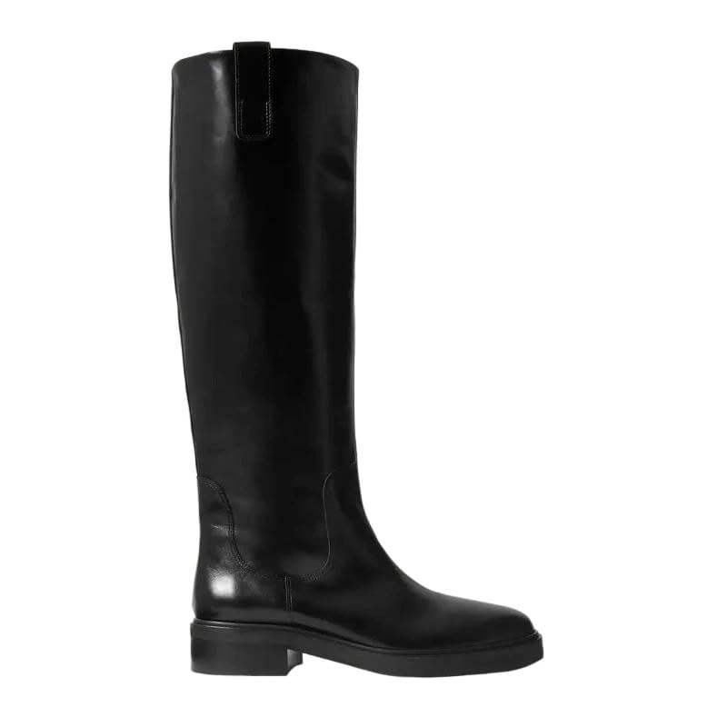 Womens Solid Cow Leather Round Toe Medium Heel Slip On Knee High Classic Equestrian Boots