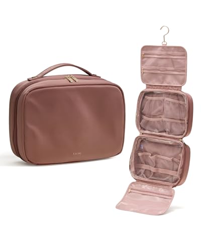 EACHY Toiletry Bag with Hanging Hook, Travel Makeup Bag PU Leather Cosmetic Bags for Women Make Up Organizer with 4 Compartments Waterproof Full-Size Portable Travel Essentials (Beige)