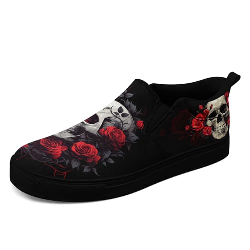 Women's Gothic Skull Slip Ons Sneakers Elastic Canvas Casual Loafers Rock &Punk Low Top Walking Shoes for Men