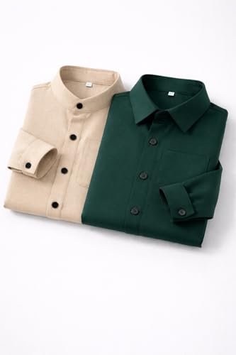 Image of Boys Mandarin Collar Shirt with Chest Pocket Beige and Rama Blue Color, Long Sleeve Button-Down Casual Shirt Pack of 2