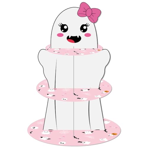 Zliisang Pink Halloween Ghost Cupcake Stand Bat Witch Boo Theme 3-Tier Cardboard Cake Stand Dessert Table Displays Centerpieces for Little Boo Birthday Baby Shower Party Decorations