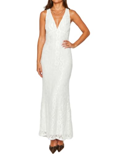Image of Elegant Lace Floral V Neck Backless Bodycon Dresses for Women Sexy Cut Out Low Back Sleeveless Maxi Dress Wedding Guest