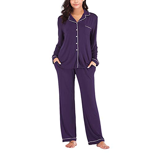Chiatai Damen-Schlafanzug-Set, langärmelig, Modal, Lounge, Nachtwäsche, Oberteil mit Hose Gr. 42, violett Cover
