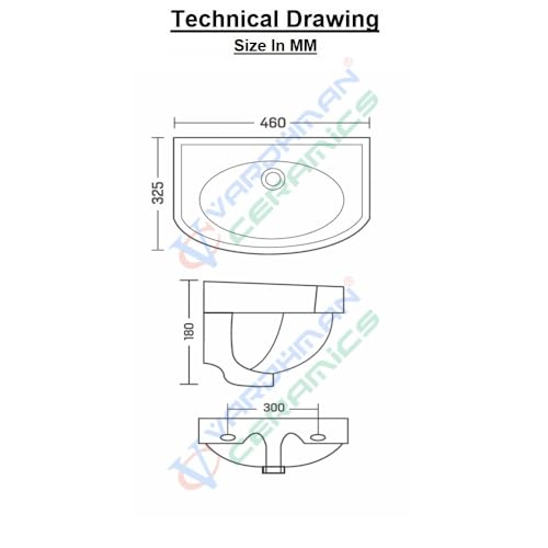 Image of Wash Basin Wall Hung Mounted Glossy Finish White Sink for Bathroom - (18 x 12 x 6 Inch)