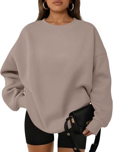 WYNNQUE Oversized Sweatshirts For Women Crewneck Fleece Pullover Comfy Hoodies Fall Outfits Fashion 2026 Winter Clothes Trendy Sweaters Ladies Plain Tops Cute Basics Clothing CoffeeGrey XL