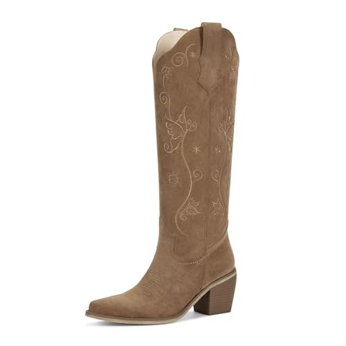 wetkiss Cowboy Boots for Women Knee High, Suede Tan, Size 11