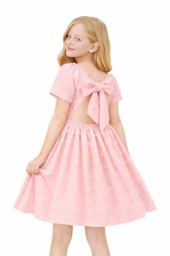 Image of HILEELANG Girls Summer Dress Bow Tie Back A-Line Party Dress for Little Big Girls Short Sleeve Dress with Lining 6-12 Years