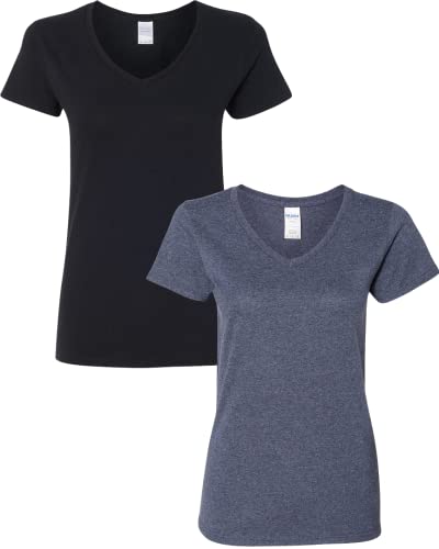 T-shirt col V Gildan pour femmes, coton lourd, paquet de 2, 3XL-Noir-Marine chiné