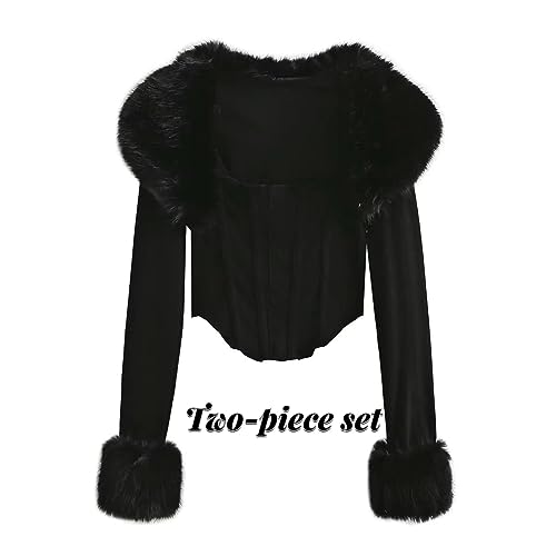 XPONNI Two-Piece Set Fur Trim Y2k Cardigan Crop Top Fluffy Top Womens Y2k Cropped Knit Bolero Dressy Sweater4