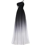 Lemai Beaded One Shoulder Gradient Chiffon Prom Evening Dresses Long Black White US 10
