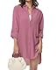 Tanmolo Damen Bluse V-Ausschnitt Hemdbluse Langarm Lässiges Hemd zum Knöpfen Langarmshirt Casual Oberteile Aufrollen Tops (Dunkelrosa,3XL)