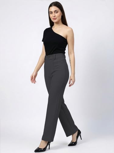 Image of Women's High Waist Formal Straight Fit Trousers Premium Stretch Office Pants Front Pleated Design Smart Workwear Bottom for Office, Casual & Business Wear