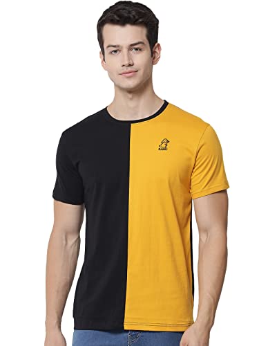 Image of RABBY Men's Cotton Regular Fit Vertical Half-Half Color Block Round Neck T-Shirt