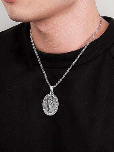 TANGPOET Saint Medal Pendant Necklace for Men 925 Oxidized Sterling Silver Patron Religious Christian Protection Amulet Jewelry Gifts for Birthday Fathers Day Christmas4