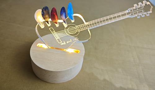 LOYALGLORY Guitar Pick Holder with Light Up, USB-Powered Acrylic & Wooden Display for Guitarists – Holds 5 Picks, Night Light & Home Decor for Men, Musicians & Music Lovers