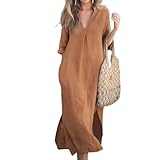 Elegant V-Neck Slit Dress, Cotton and Linen V-Neck Midi Dress, Linen Dresses for Women 2025 (Khaki,XXL)
