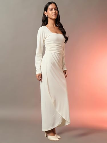 Image of Trend Arrest.ed Women's Bodycon Midi Dress | Square Neck Wrap Style | Stretchable | Full Sleeve Fitted Dress for Party, Evening, Casual Outings & Date Night