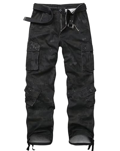 GSGGIG Cargo Pants for Men Camo Casual Pants Relaxed Fit BDU Hiking Pants Ripstop Work Pants with 8 Pockets 3357 Black Camo 34