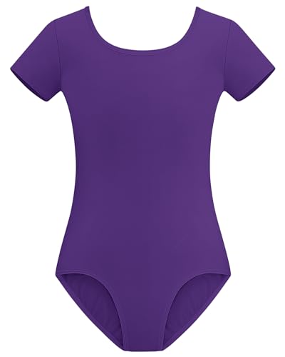 Stelle Leotards for Girls Dance Costumes Short Sleeve Scoop Neck Ballet Outfits (Purple 12-14Y)