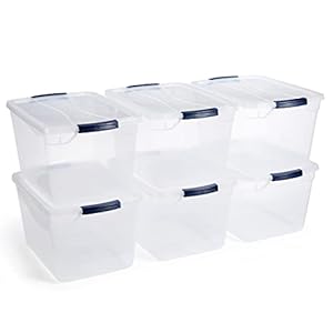 Rubbermaid Cleverstore Clear 32 Qt, 6 Pack Stackable Plastic Storage Containers with Durable Latching Clear Lids, Visible Storage, Great for Closet and Laundry Storage, Organizing in the Home