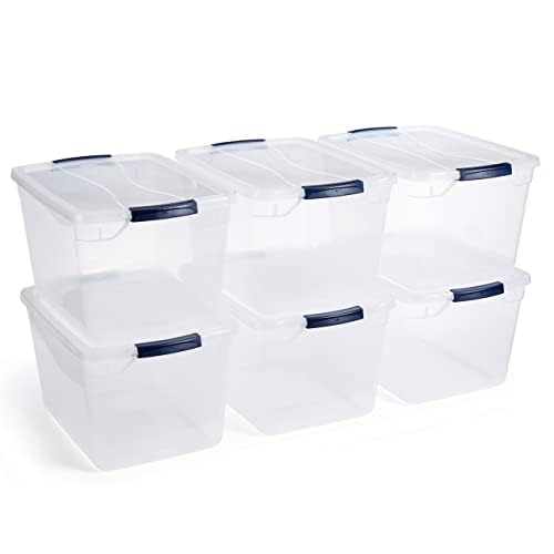 Rubbermaid Cleverstore Clear 32 Qt, 6 Pack Stackable Plastic Storage Containers with Durable Latching Clear Lids, Visible Storage, Great for Closet and Laundry Storage, Organizing in the Home