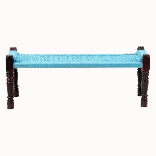 Image of Wooden Bench for Seating | Handcrafted Sheesham Wood Bench for Living Room, Balcony & Garden | Traditional Patio for Outdoor with Cotton Handwoven Rope | Blue