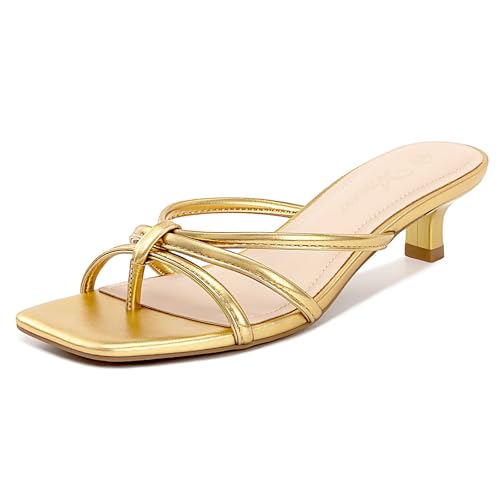 Athlefit Gold Heels for Women Strappy Flip Flop Low Kitten Heels Square Toe Dressy Party Cocktails Dance Short Thong Heeled Sandals Size Size 8
