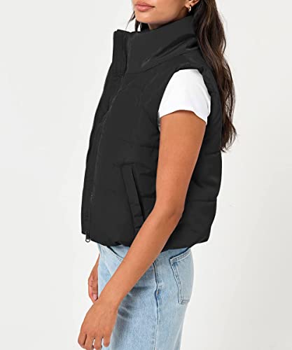 Trendy Queen Puffer Vest Women Sleeveless Winter Outerwear Warm Puffer Lightweight Fashion Stand-up Collar Down Vest Black M