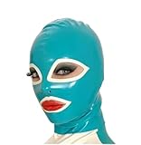 XINGJJWENGUE Latex-Kapuze mit blauem und weißem Rand, offene Augen und...