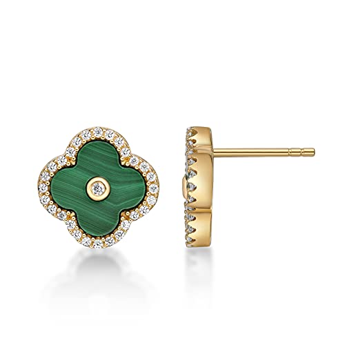 Lavari Jewelers Four Petal Halo Flower Stud Earrings for Women - Black Onyx Mother of Pearl Malachite Cubic Zirconia in 925 Sterling Silver - Hypoallergenic Gold Plated - 11 MM Push Back Studs for Her3