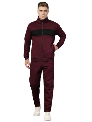 Image of CHKOKKO Mens High Neck Winter Tracksuit Full Zip Jacket with Elastic Waist Lower Warm and Soft Activewear Set for Gym Running and Casual Use Wine Black M
