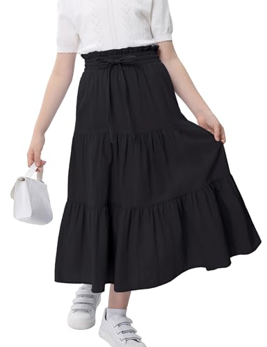 Image of Maxi Skorts Skirt for Girls Button Front High Waisted Long Skirt with Belt Ruffled Skirts with Pocket 3-12Years