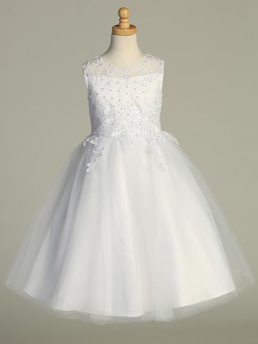 Holy Catholic First Communion Dress for Girls w/a Satin Top, Appliques, Sequins & Pearls & Tulle Skirt3