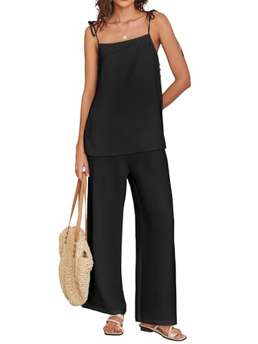ANRABESS Womens 2 Piece Summer Sets Casual Sleeveless Top and Wide Leg Pants Set Loose Loungewear Vacation Travel Outfits Black Small