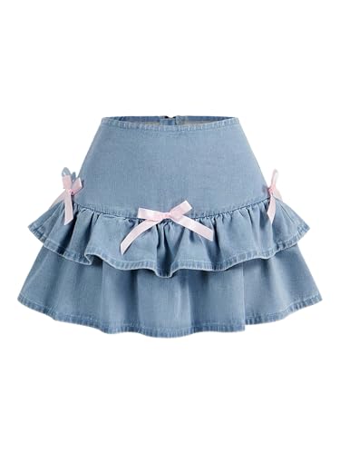 Milumia Women's Bow Knot Decor Denim Ruffle Skirt Cute Tiered Layered Mini Skirts