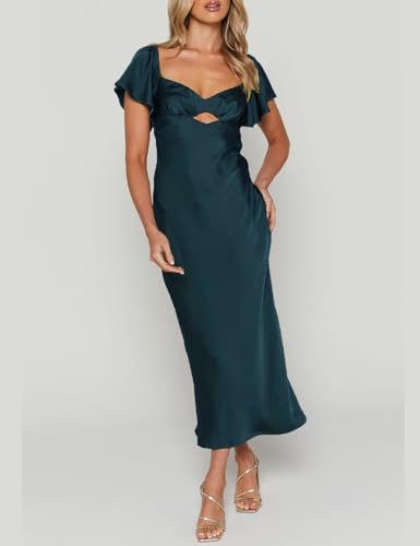 Image of Summer Satin Flutter Sleeve Wedding Guest Dresses for Women Sweetheart Neckline Cutout Tie Back Midi Cocktail Dress
