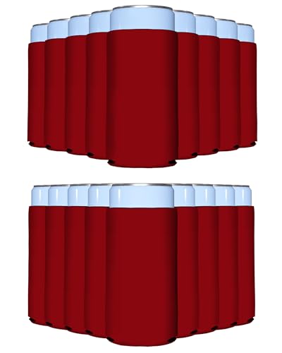 Image of PartyPrints 200 Pack Red Blank Slim Can Cooler Sleeves | Plain Seltzer Customizable Bulk Coolers for Beer Bottles & 12oz Tall Cans | Skinny Collapsible Drink Insulated Sleeve
