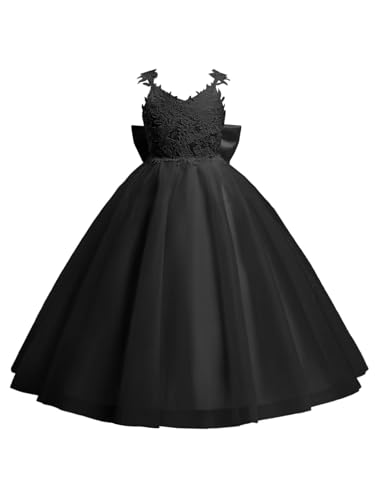 Lace Applique Flower Girl Dress for Wedding Kids Puffy Tulle Satin Long Pageant Princess Dress Bowknot Prom Ball Gowns2