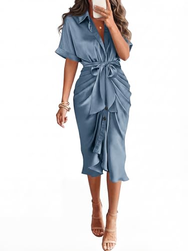 BTFBM 2025 Women Button Down Ruched Shirt Dresses Short Sleeve Lapel V Neck Elegant Party Spring Summer Maxi Satin Dress(Short Sleeve Grey Blue, Medium)