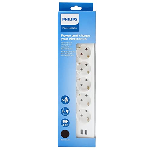 Regleta de 5 enchufes Philips con 2 USB y cable de 1,5 metros en color blanco 4