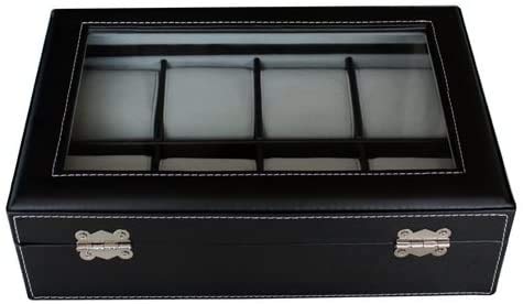 Elegant 8 Piece XL Oversized Extra Large Black Leatherette Watch Display Case and Storage Organizer Box for up to 65 MM watches with Glass Top and Large Faux Suede Grey Pillows Father's Day Gift