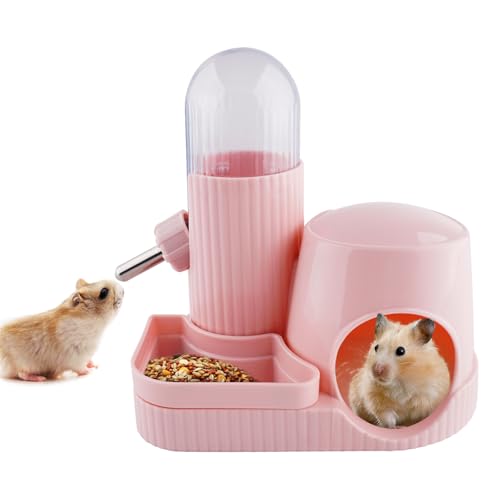 Image of 3 in 1 Multifunctional Hamster Water Bottle No Drip Gerbil 100ML Water Bottle Dispenser with Food Bowl Small Animal Auto Dispenser with Hideout Base Hamster Cage Accessories (Pink)