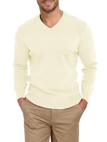 TUREFACE Men Fashion Sweater with V Neck Basic Solid Color Knit Tops Comfortable for Parties and Travel Apricot Medium Size
