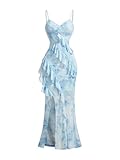 GORGLITTER Women's Elegant Wedding Guest Dresses Fishtail Long Dress Floral Ruffle Trim Sleeveless Split Sundress Blue Medium