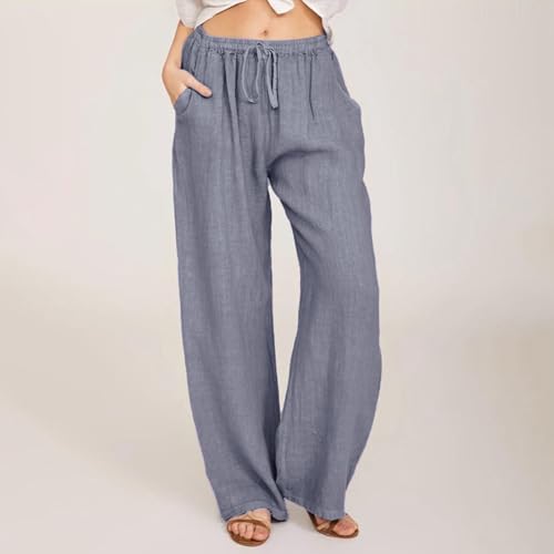Cotton Linen Pants Women Casual Petite Elastic Waist Drawstring Pants Baggy Beach Lounge Trousers with Pockets2