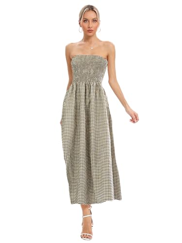 Image of Aigeman Women Strapless Tube Maxi Dress Flowy Swing Long Beach Sundress Sleeveless Boho Summer Dress with Pokets 330