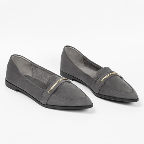 Image of Pointy Toe Penny Loafers for Women Dress Office Work Flats Shoes | Comfortable Women's Faux Suede Leather Slip On Flat Loafers for Driving Business Casual Cute Ballet Shoes