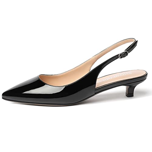 SHOWFOREST Women's Slingback Pointed Toe Wedding Dress Patent Buckle Kitten Low Heel Pumps Office Work Dress Shoes 1.5 Inch2