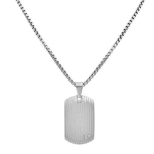 Geoffrey Beene Stainless Steel Men's Dog Tag Necklace with Cubic Zirconia Stone, Silver