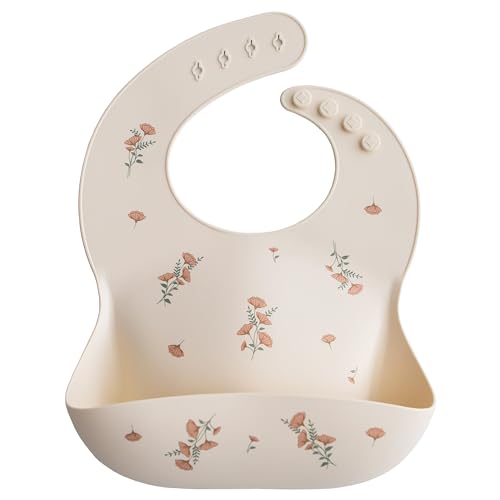 Image of mushie Silicone Baby Bib | Adjustable Fit Waterproof Bibs (Pink Flowers)